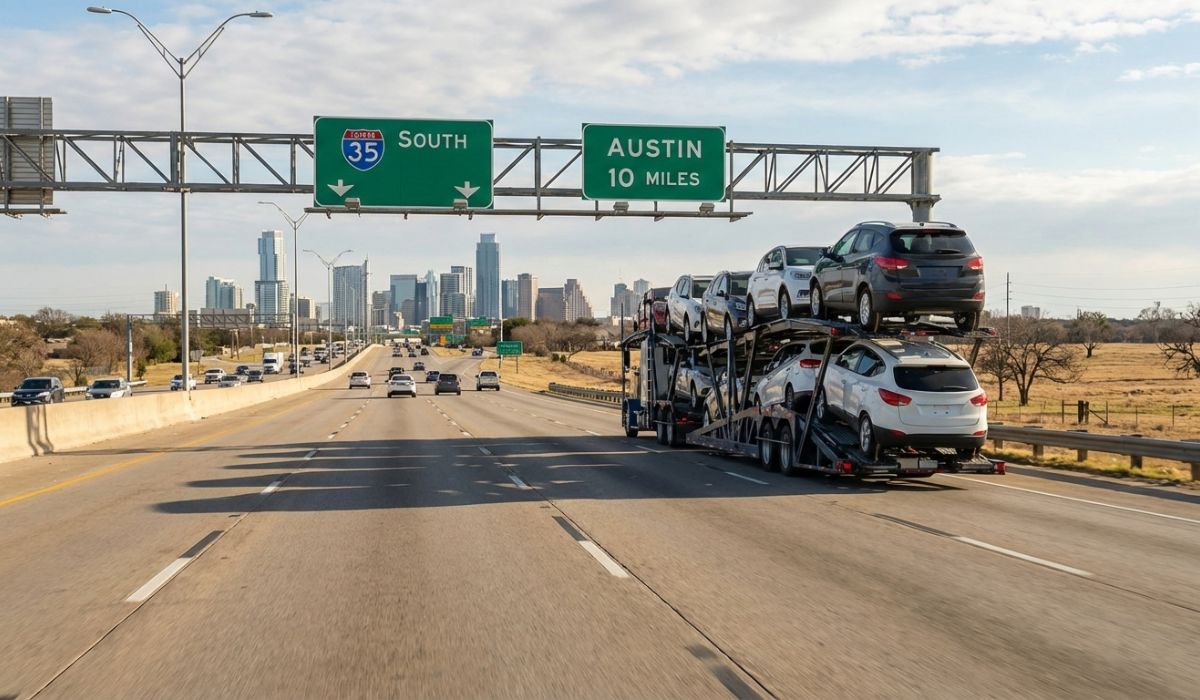 Vehicle transport across Texas highlighting traffic and major highway routes for car shipping