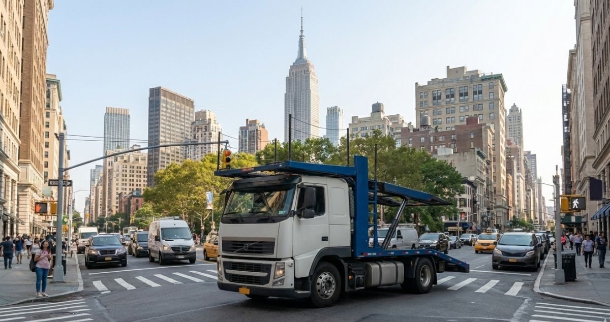 Vehicle transport truck navigating busy New York City street during scheduled car delivery. Vehicle transport truck navigating busy New York City street during scheduled car delivery.