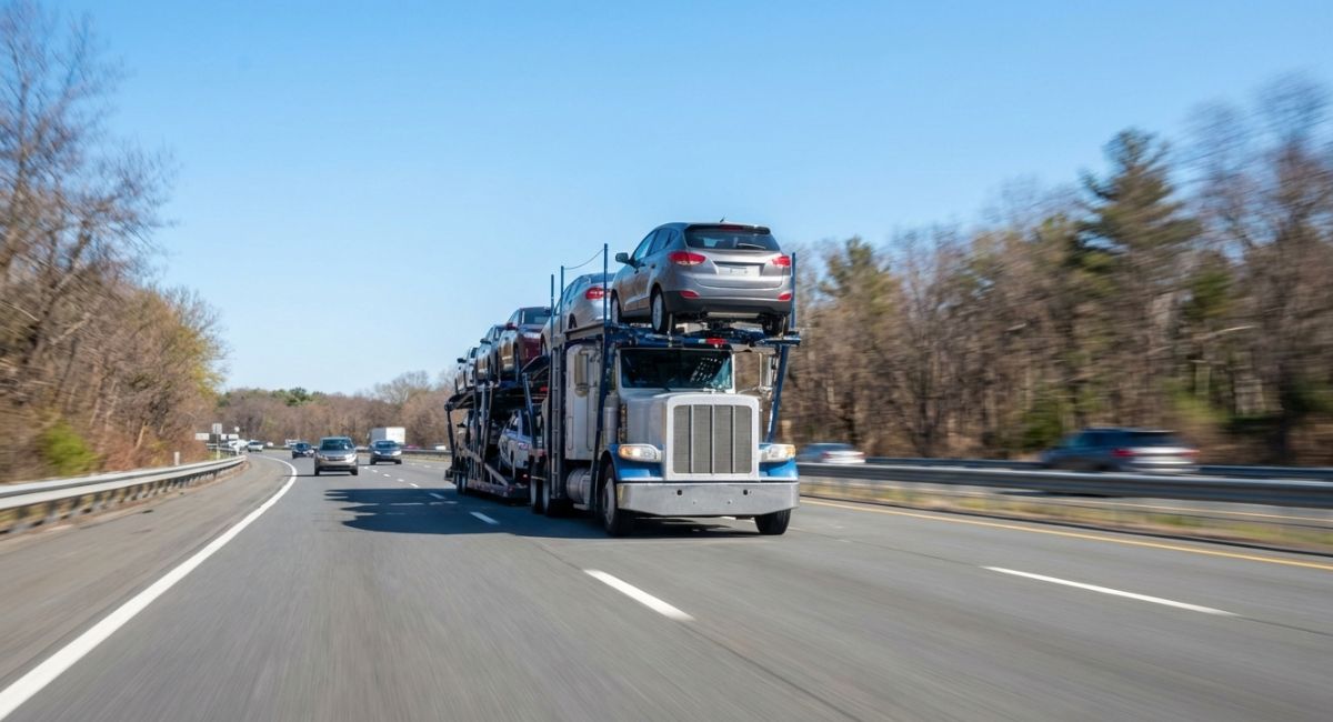 Vehicle transport truck traveling on interstate highway. Vehicle transport truck traveling on interstate highway.