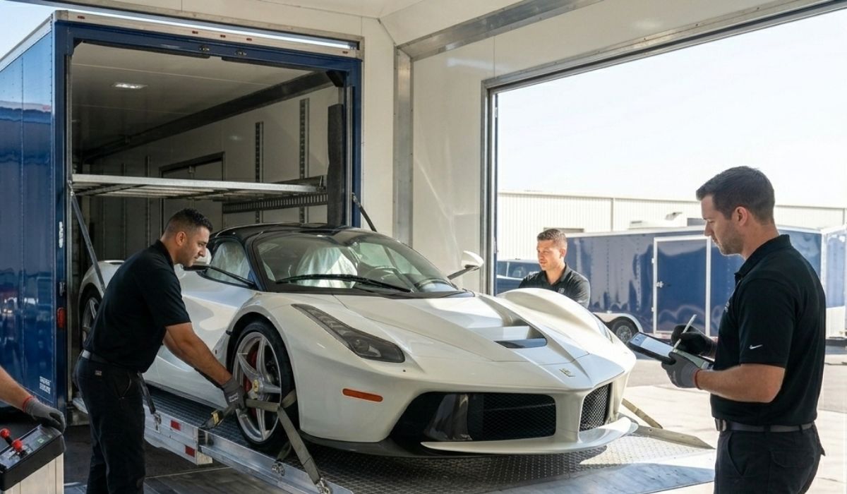 Rare Ferrari being safely loaded for door-to-door exotic car transport service