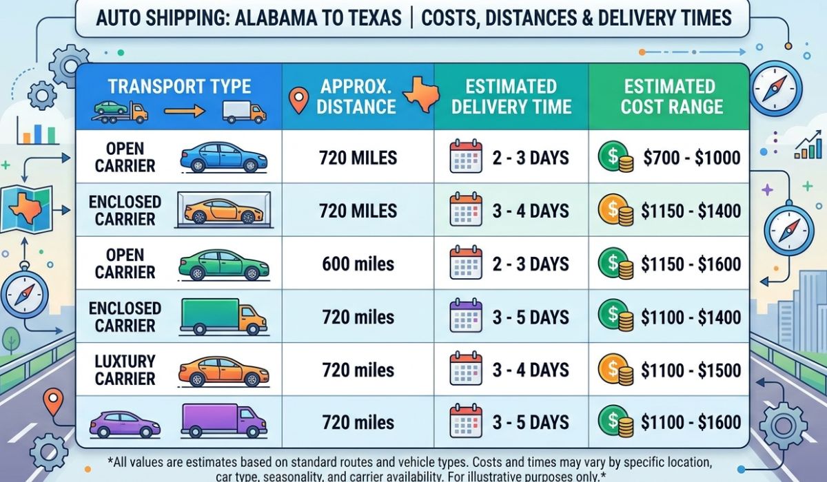 Alabama to Texas auto transport cost, distance, and delivery time chart