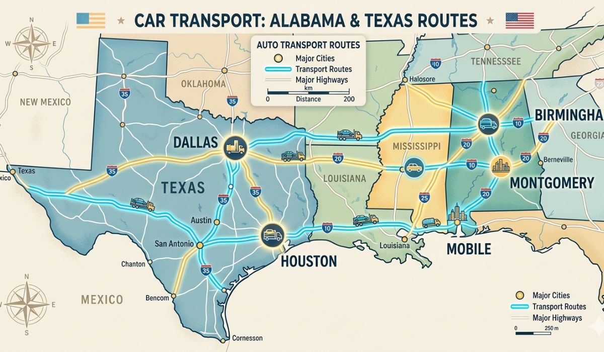 Alabama to Texas auto transport routes and major cities served
