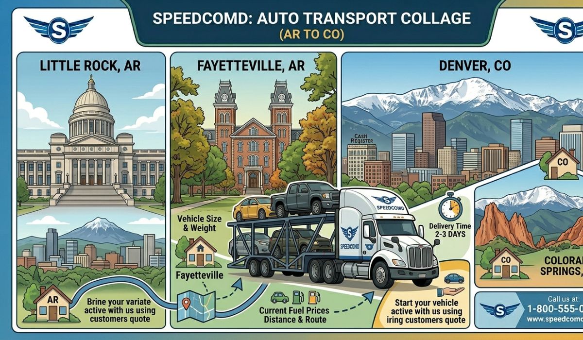 Arkansas to Colorado auto transport service coverage, including major cities like Little Rock, Fayetteville, Denver, and Colorado Springs