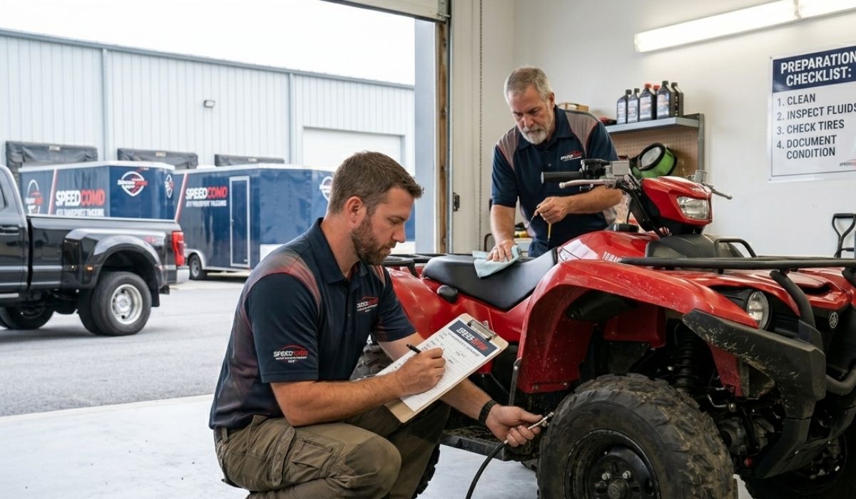 ATV owner preparing their vehicle for transport with cleaning, inspection, and documentation before shipping
