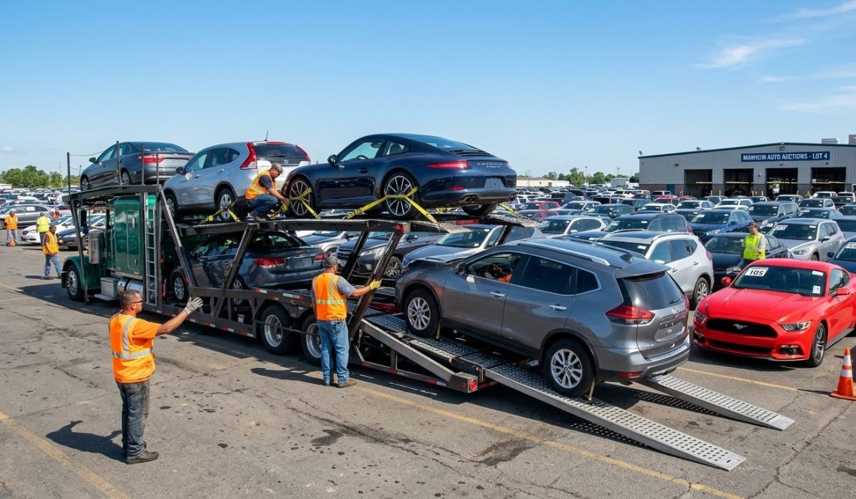 Auction cars being loaded onto transport trailer for delivery.