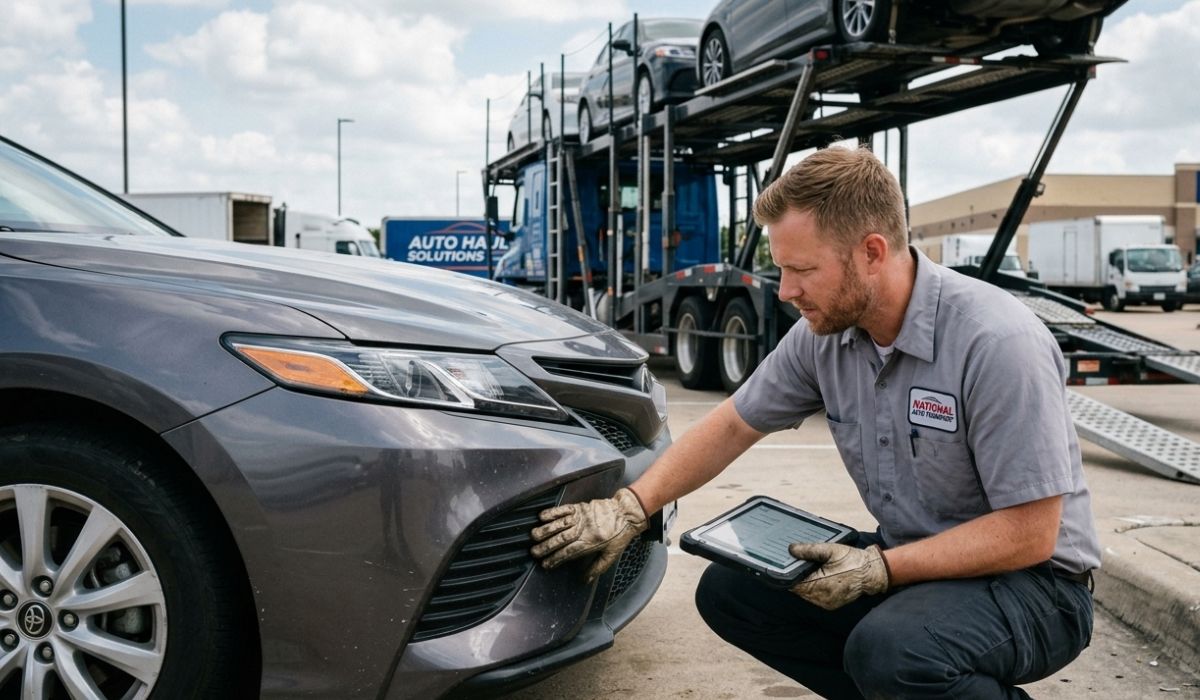 Auto transport driver inspecting car for California to West Virginia shipping