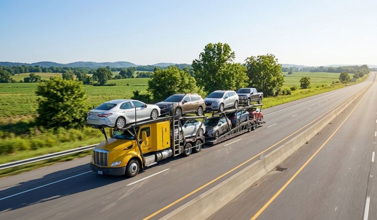 Auto transport truck on the highway during Georgia to Ohio vehicle delivery