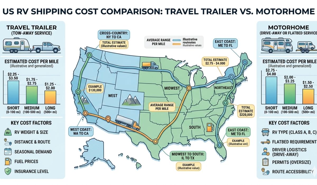 Average RV shipping cost in the United States infographic showing price ranges per mile