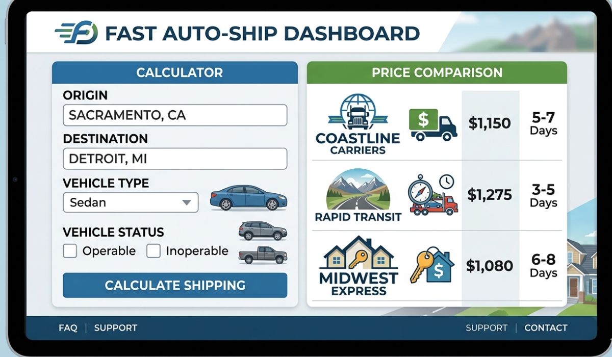 California to Michigan auto transport cost calculator showing estimated shipping price