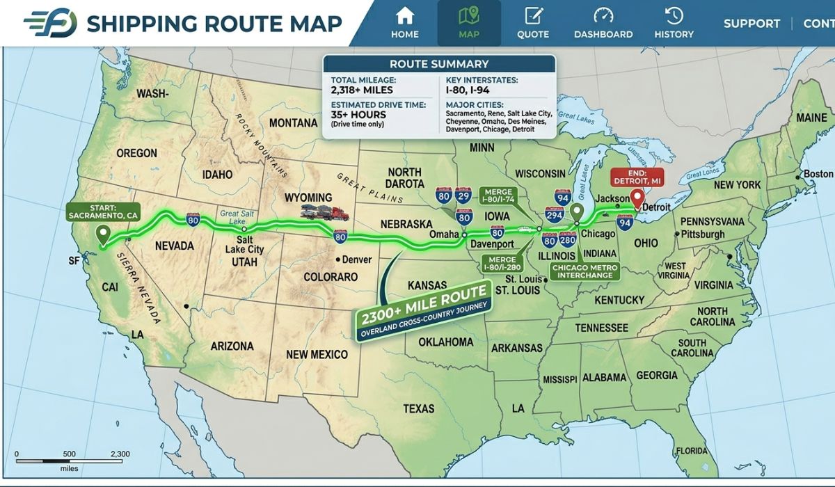 California to Michigan auto transport route map showing interstate highway distance
