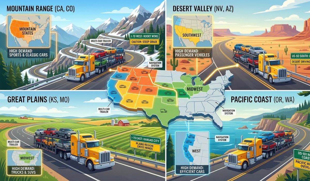 Car hauler on highway illustrating factors affecting income like routes and location