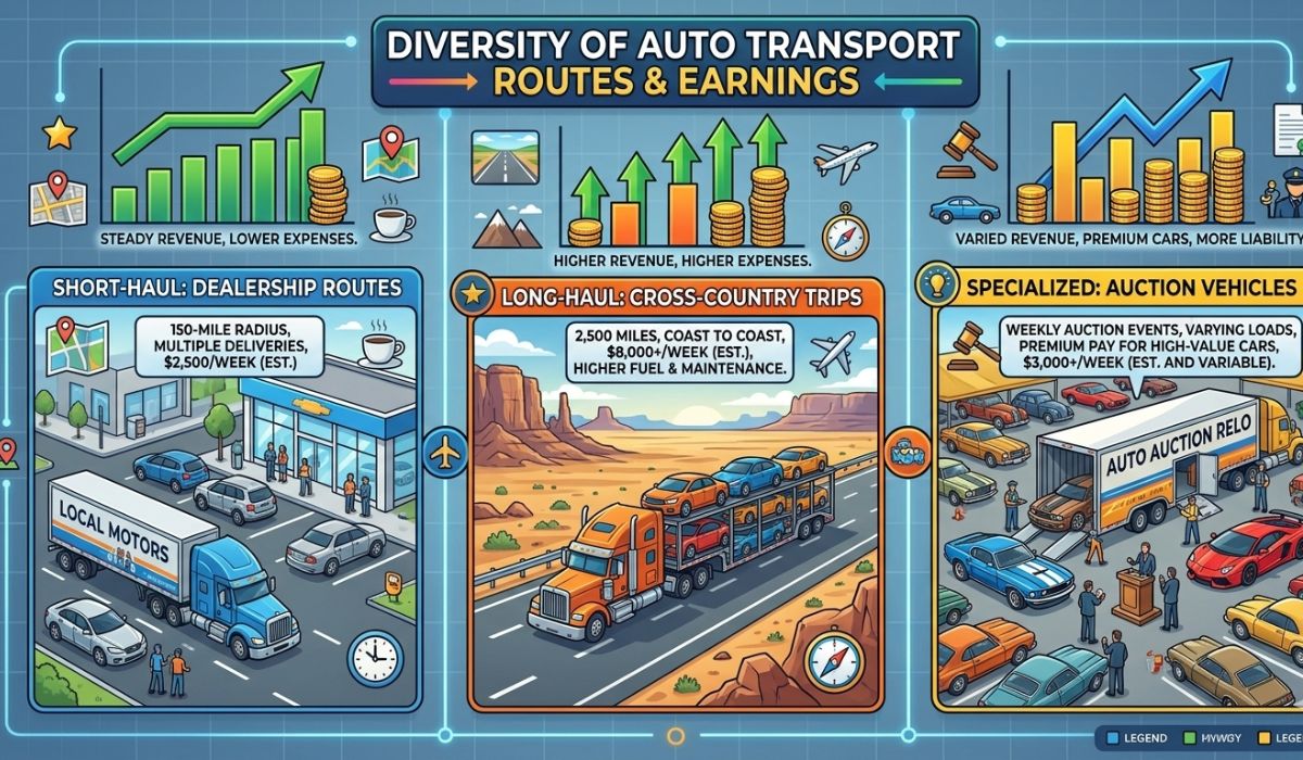 Car haulers on short and long routes illustrating income examples