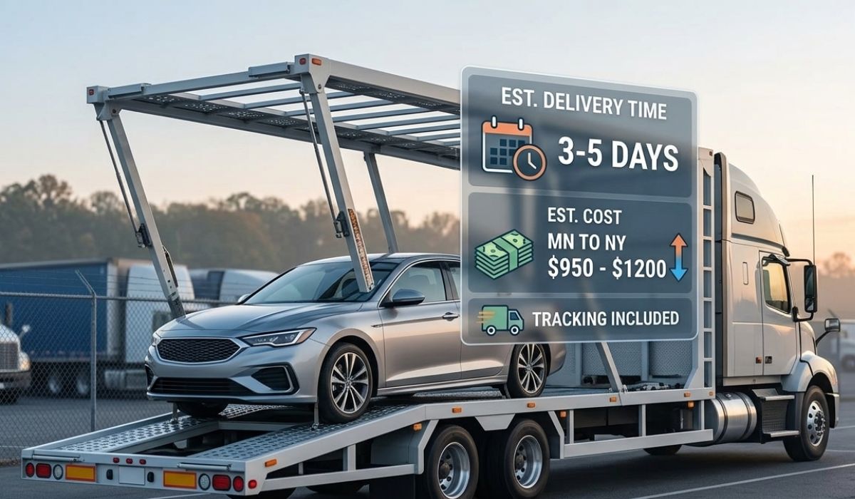 Car on an open auto transport trailer with estimated delivery time and cost details