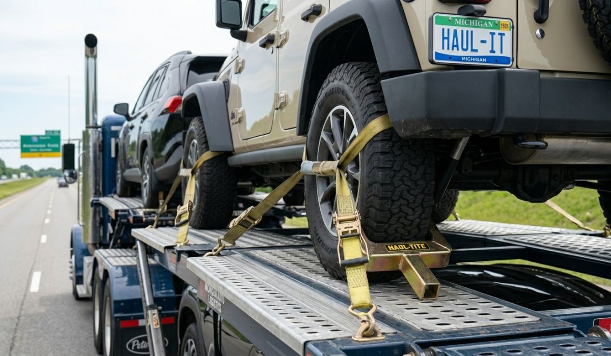 Car safely secured on auto transport carrier