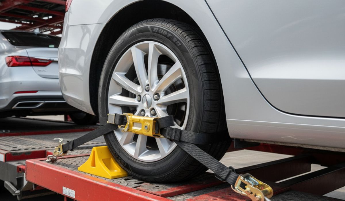 Car securely fastened on an open transport trailer for safe vehicle shipping.