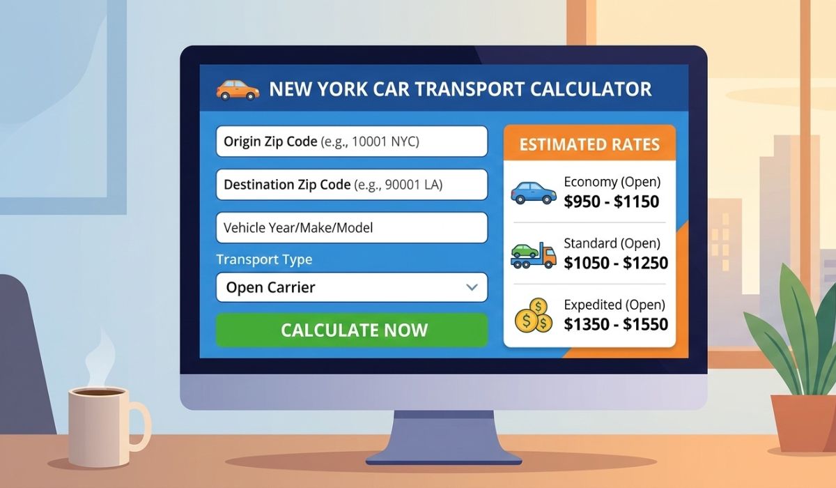 Car shipping calculator showing vehicle transport rates in New York.