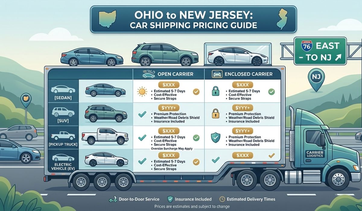 Car shipping cost comparison for Ohio to New Jersey showing open and enclosed transport prices
