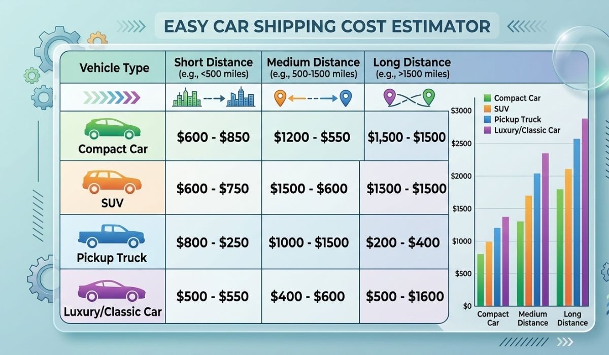 Car shipping cost comparison table showing prices for different routes and vehicles in South Dakota.