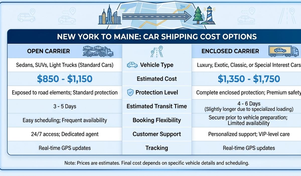 car shipping cost new york to maine pricing table