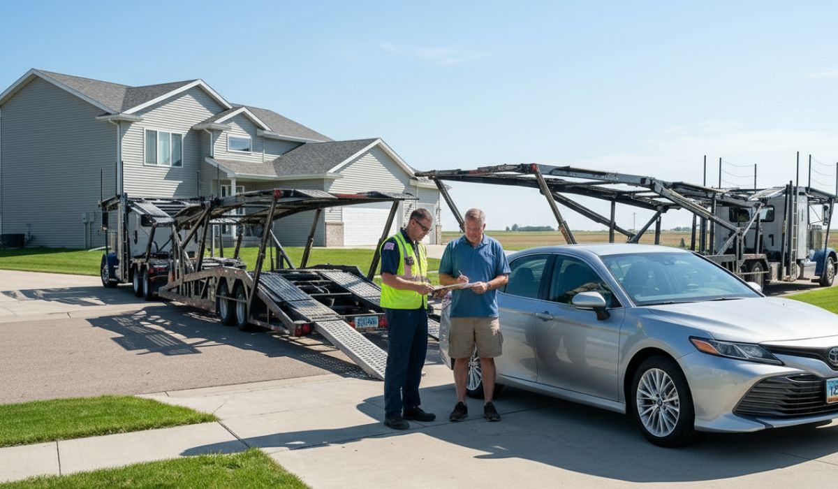 Car shipping process in North Dakota showing vehicle inspection and transport documentation.