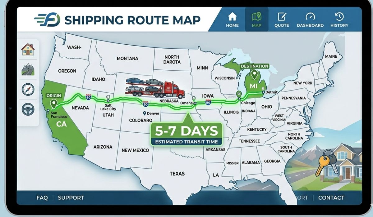 Car shipping transit time map from California to Michigan showing estimated delivery duration