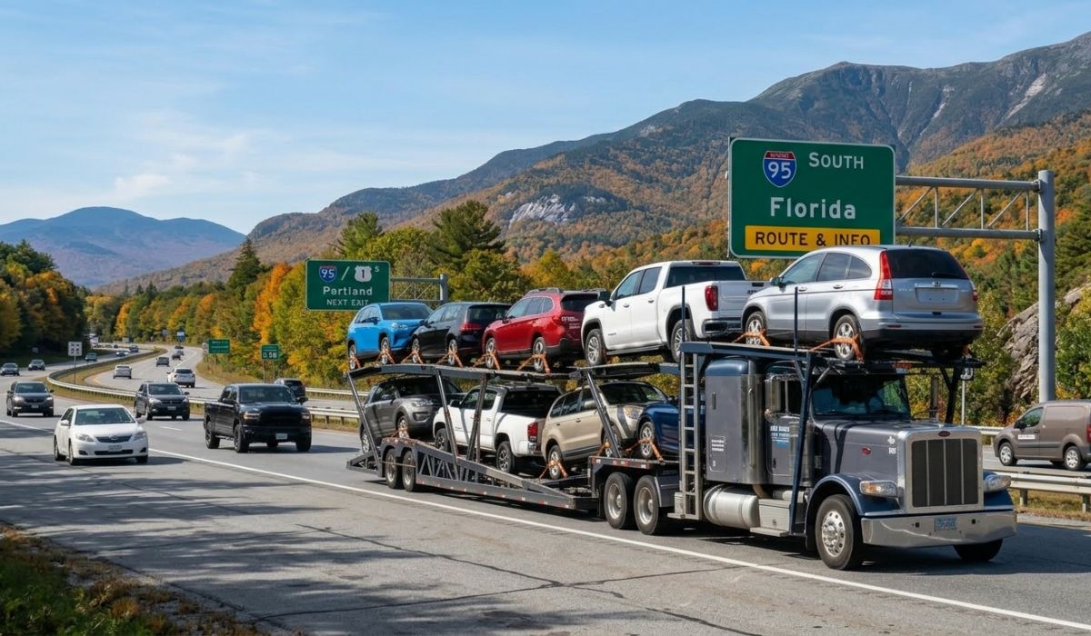 Car shipping truck traveling along the New Hampshire to Florida route