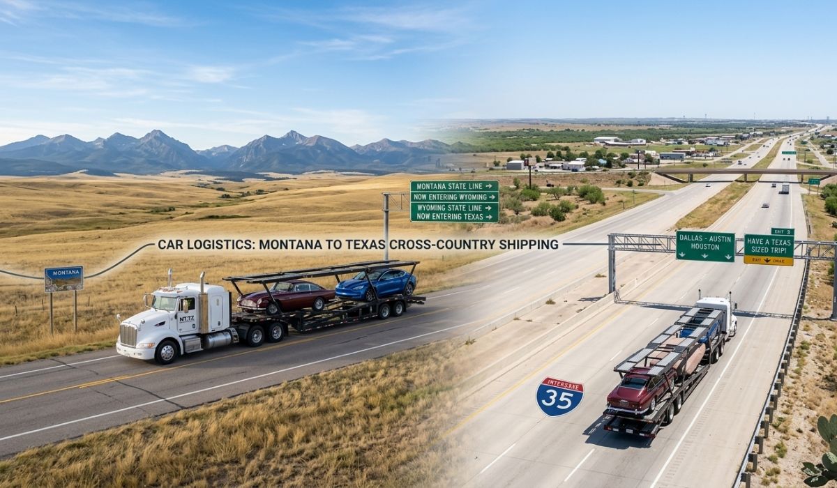 Car transport in transit from Montana to Texas along major highways.