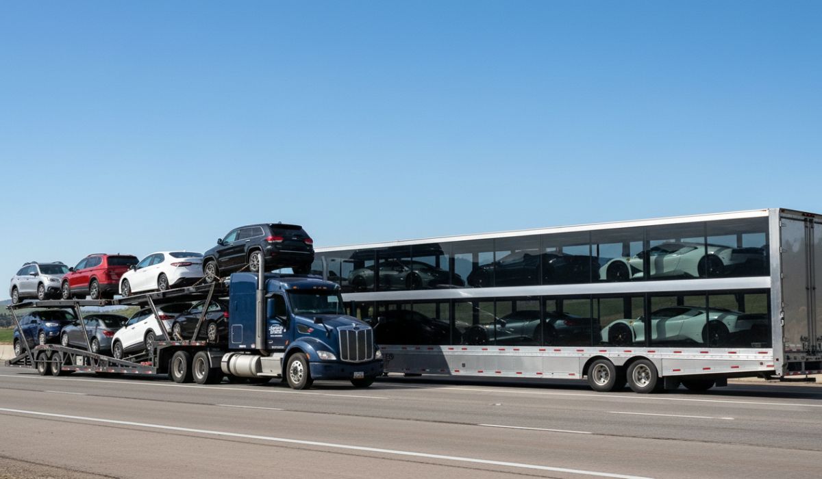 Comparison of open auto transport truck and enclosed car transport trailer.
