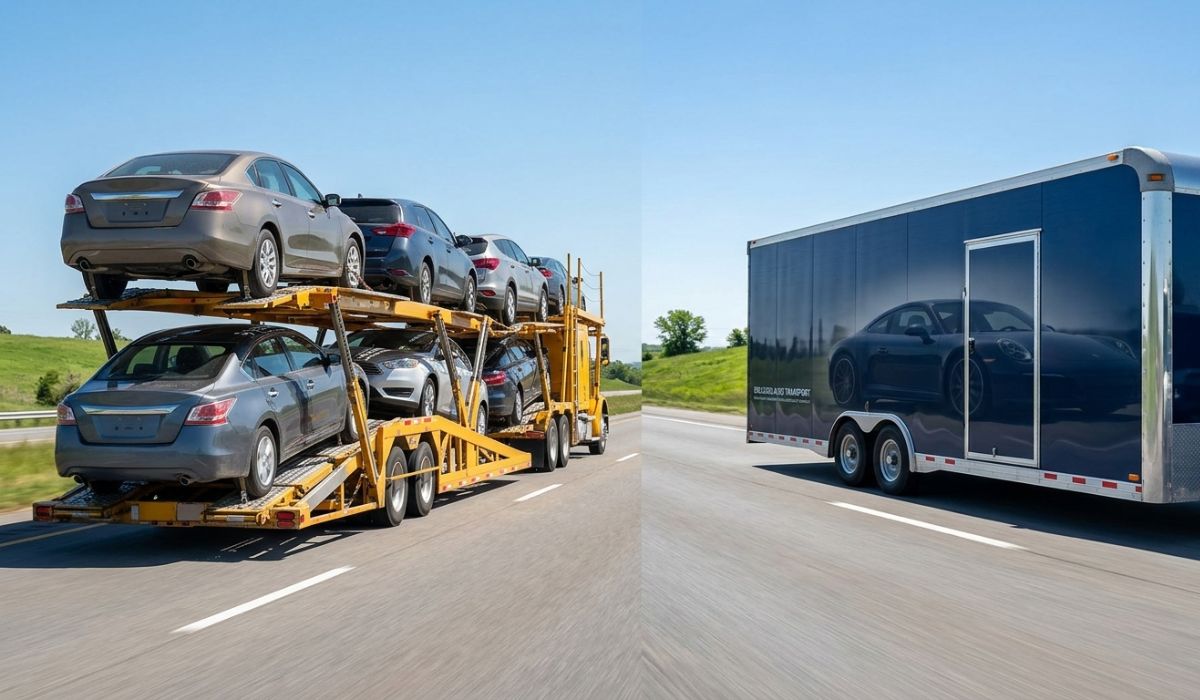 Comparison of open car carrier and enclosed car transport trailer showing the benefits of covered auto shipping