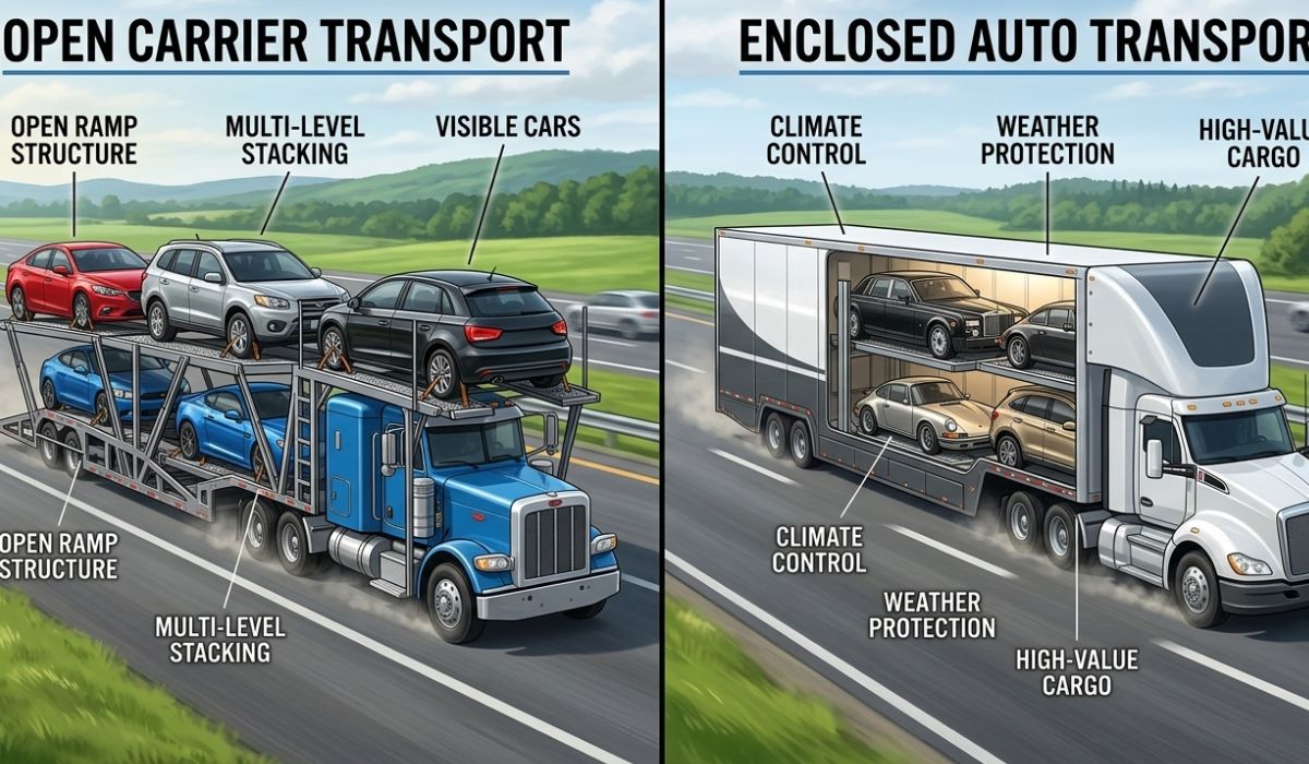 Comparison of open vs enclosed car transport services for California to West Virginia shipping