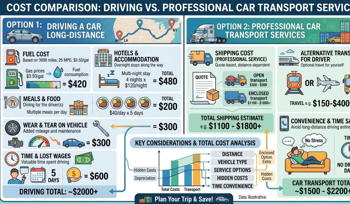 Cost comparison between driving a car and using professional auto transport services.
