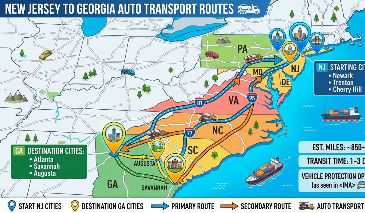 Coverage map showing New Jersey to Georgia auto transport service areas by Speedcomd