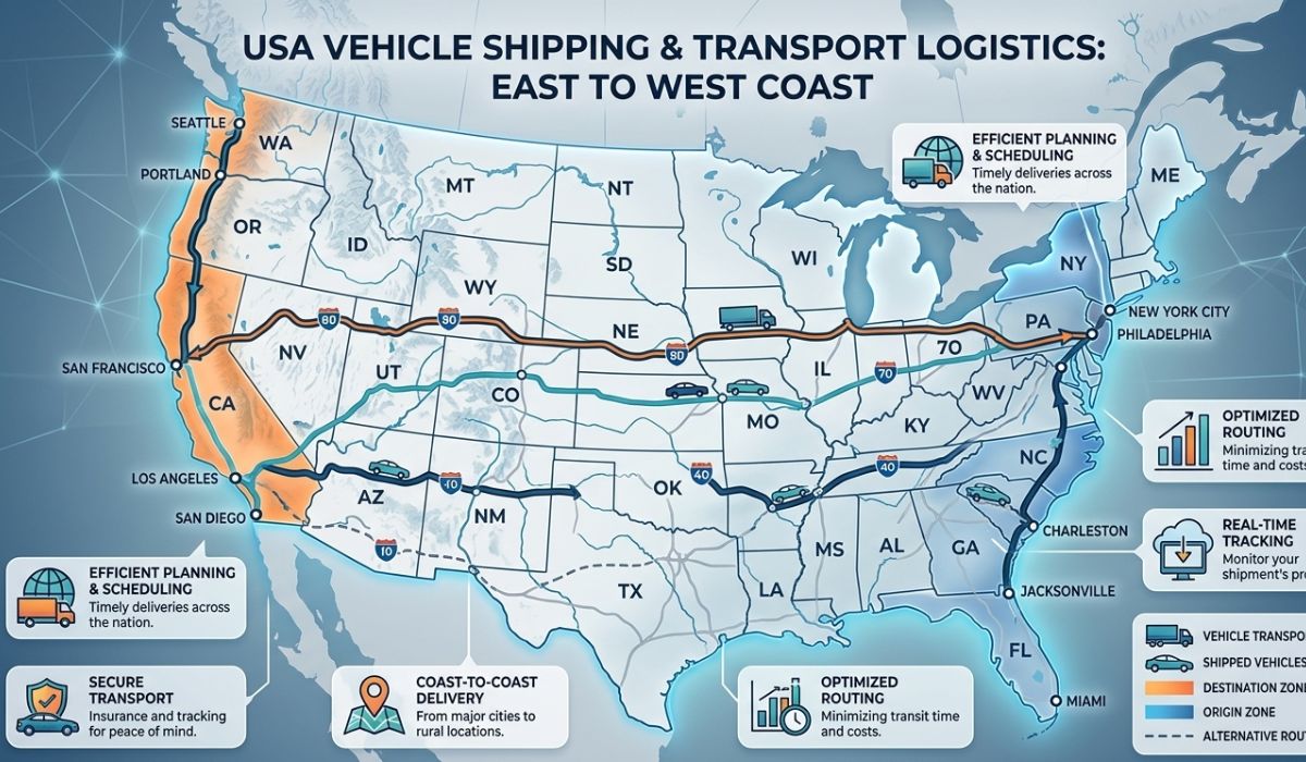 Cross-country car shipping routes across the United States.