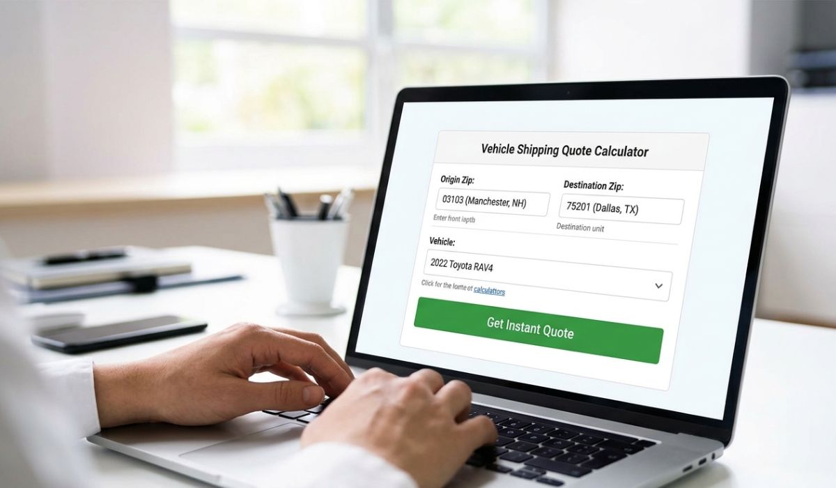 Customer calculating an instant car shipping quote for New Hampshire to Texas