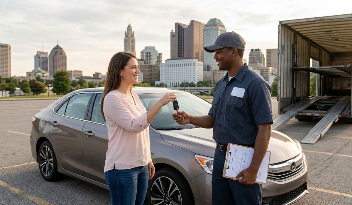 Customer preparing a car for auto transport in Ohio with a professional driver