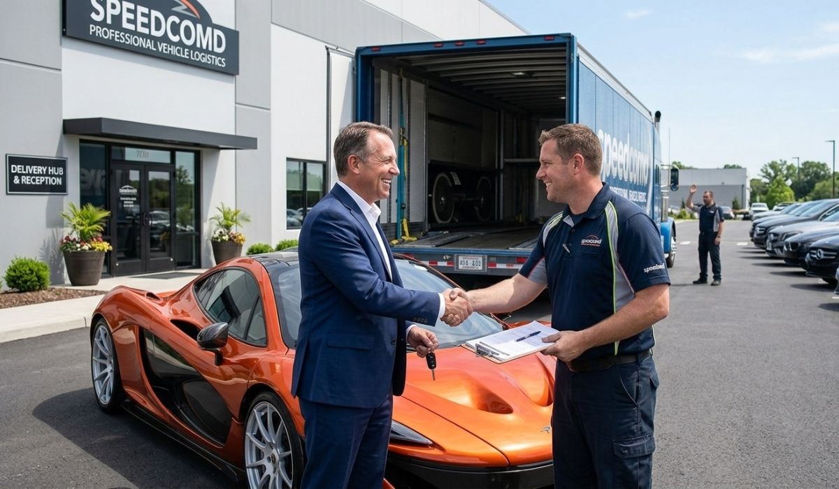 Customer receiving auction vehicle from transport service with satisfaction