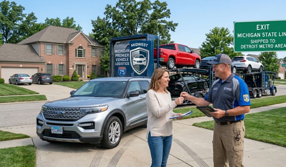 Customer receiving vehicle delivery from transport service
