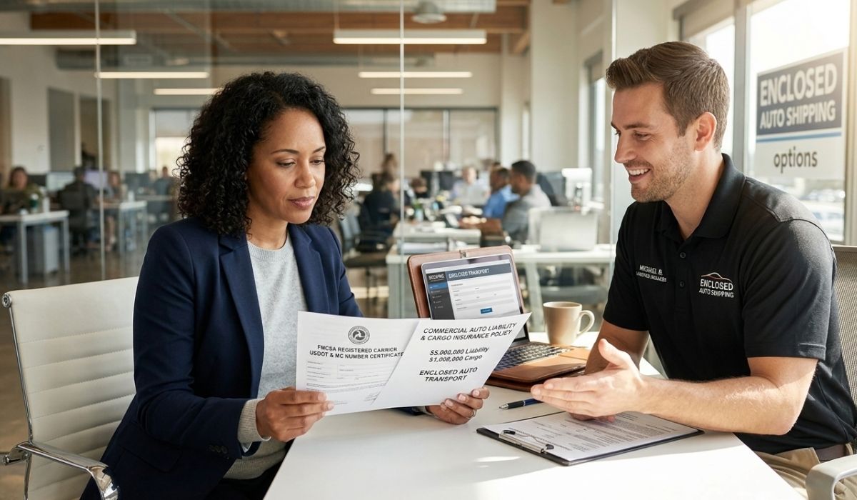 Customer verifying a licensed auto transport company and enclosed auto carrier for secure car transport.