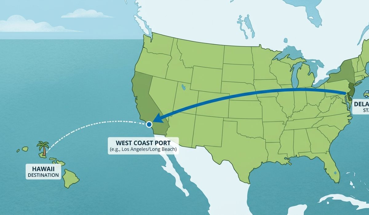 Delaware to Hawaii car shipping route with port and ocean freight path
