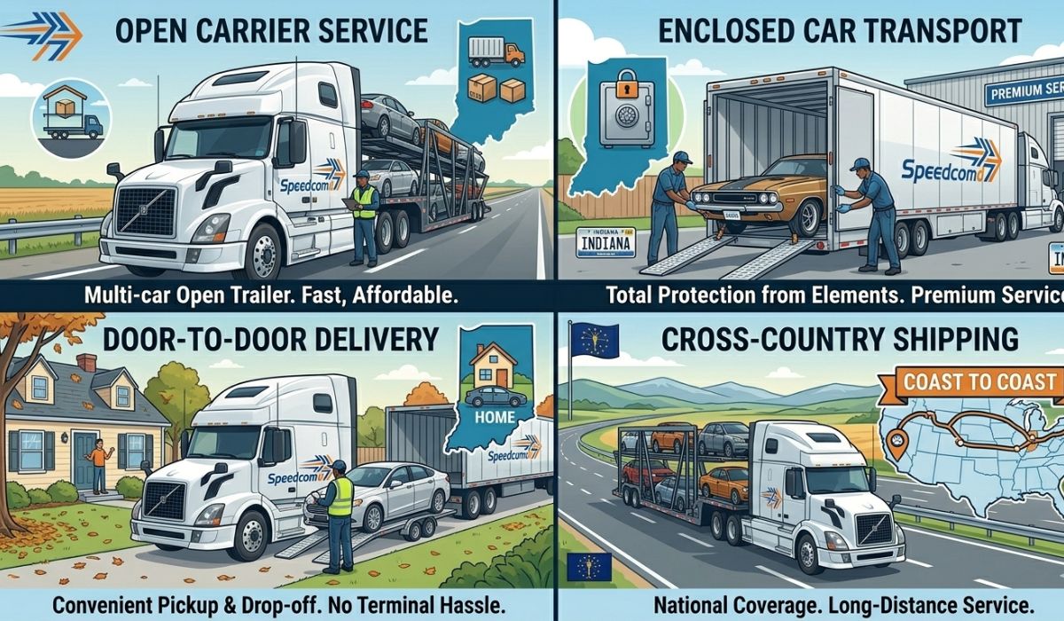 Different Indiana auto transport services including open and enclosed carriers.