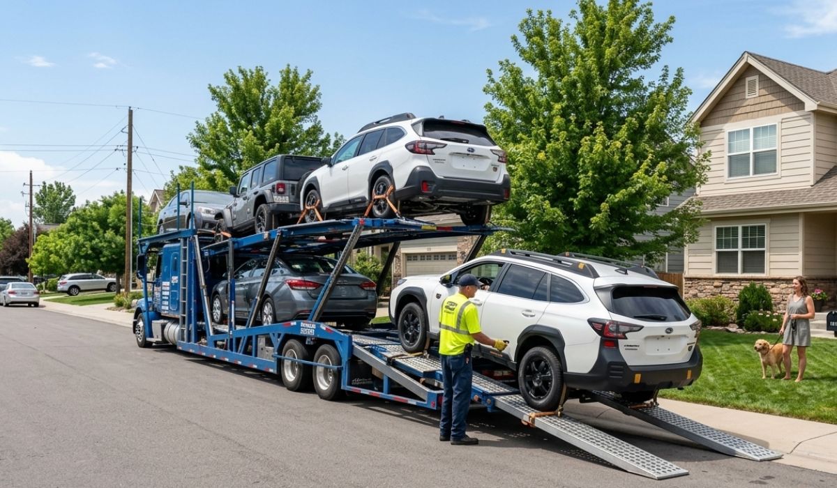 Door-to-door car transport delivery at a residential location.