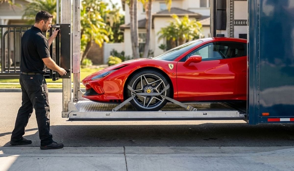 Driver loading a luxury car into an enclosed auto transport trailer with lift gate and tie-down system