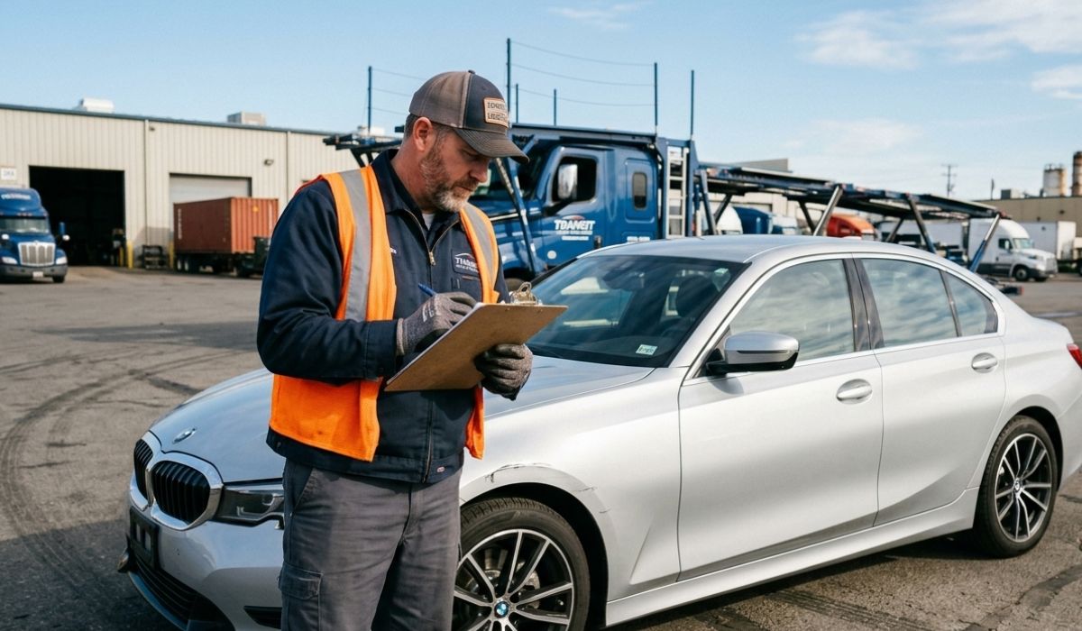Driver performing vehicle inspection before transport for safe car shipping.