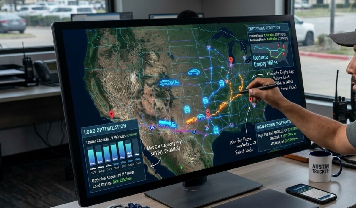 Driver using digital tools to plan routes and maximize car hauler income