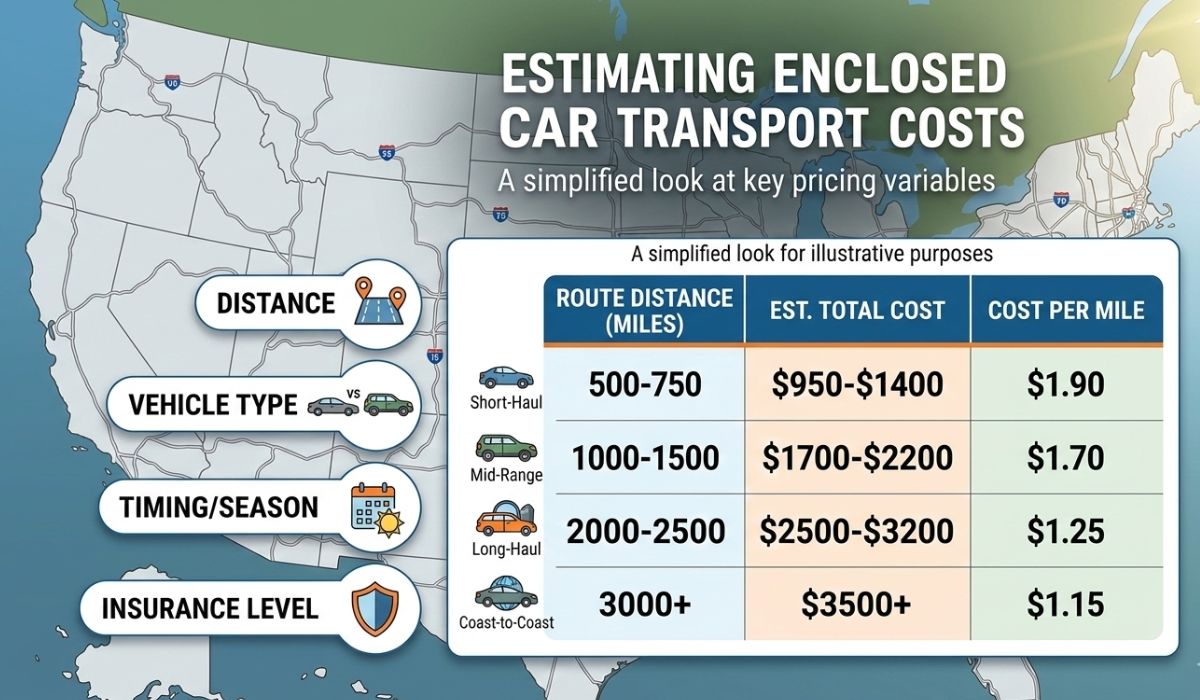 Enclosed auto transport cost table showing price per mile and distance for long-distance shipping