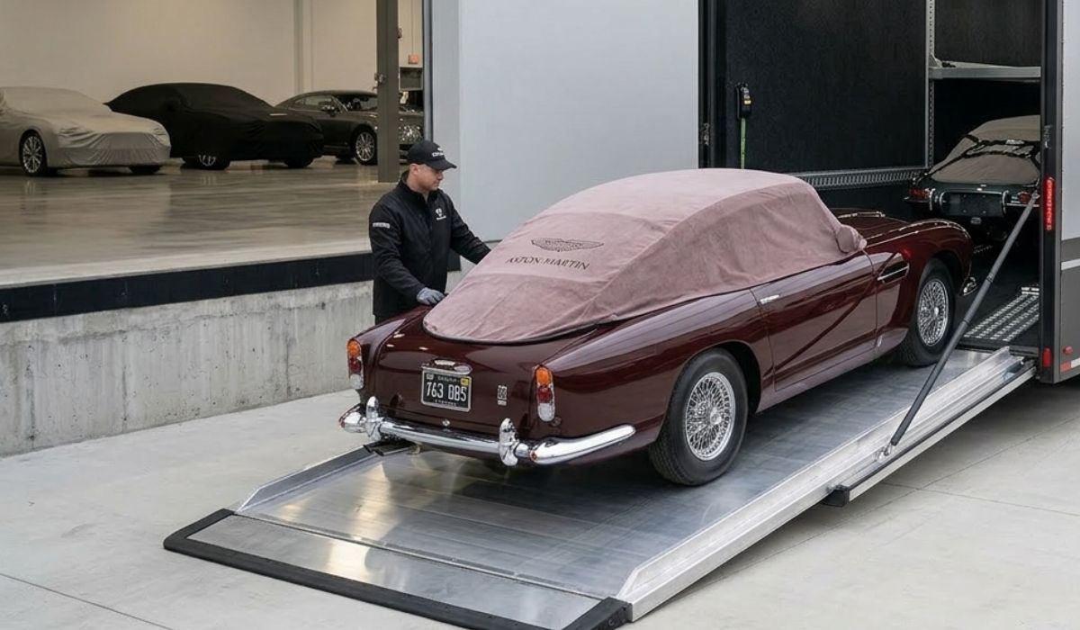 Enclosed auto transport trailer protecting a luxury car during shipping.