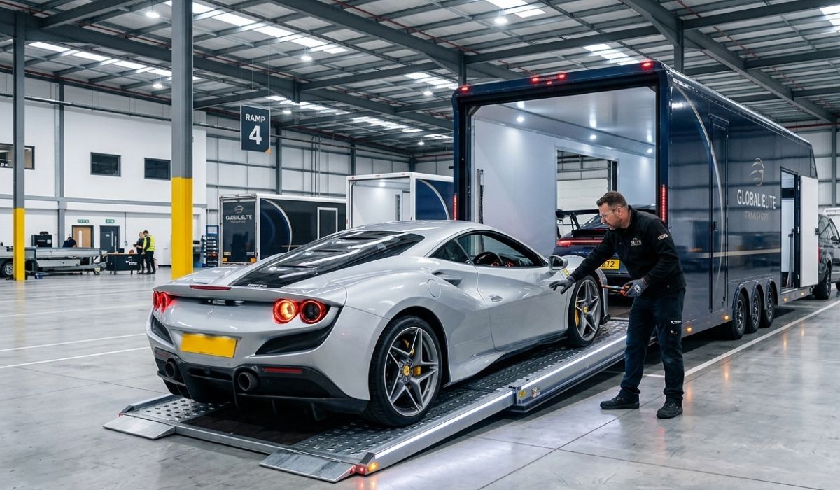 Enclosed car transport trailer protecting a luxury vehicle during shipping