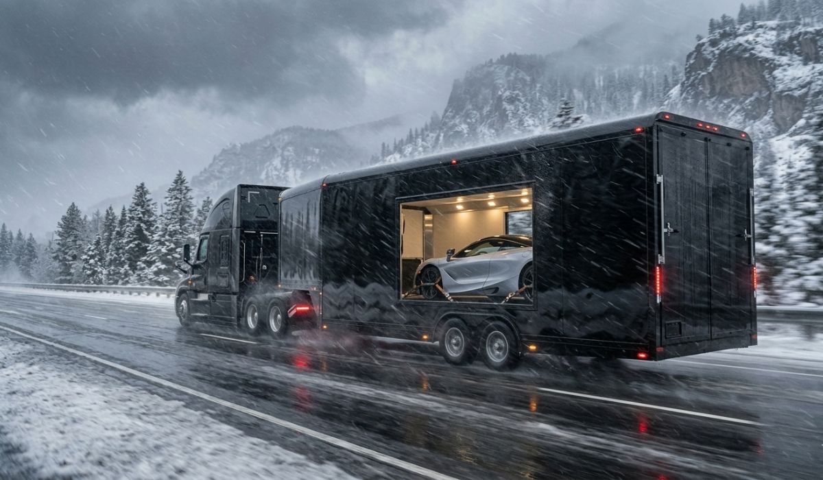 Enclosed car transport trailer protecting a vehicle from snow, rain, and road hazards