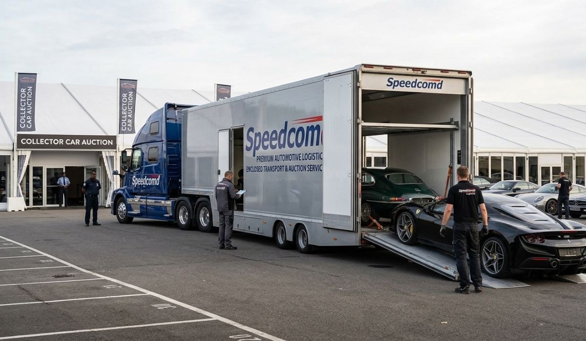 Enclosed transport trailer with luxury cars for safe auction shipping.