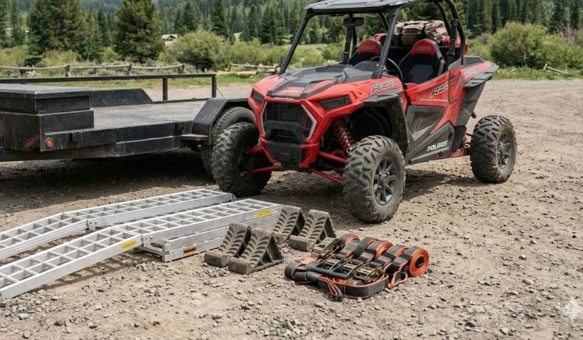 Essential UTV hauling accessories including ramps, wheel chocks, and straps